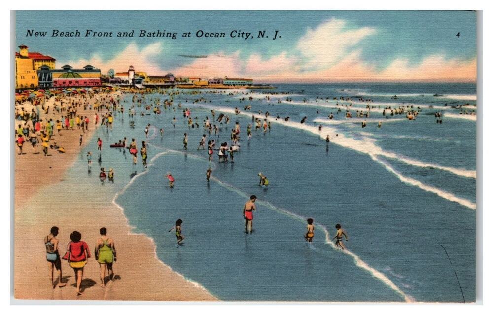 Vintage 1945 Ocean City, NJ Beach Front Bathing Tichnor Linen Postcard
